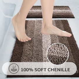 Gibelle Brown Bathroom Rugs, Luxury Chenille Bath Mat, Small Non Slip Shower Rug and Bath Room Floor Mats, Machine Washable, Quick Dry Bathmat, Soft Cozy Plush Rug for Tub, 16" x 24"