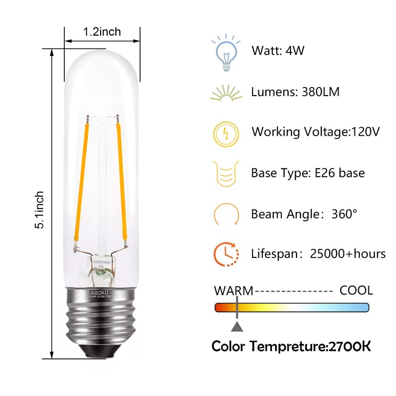 T10 Edison LED Tube Bulbs - Warm White, 2700K, Dimmable