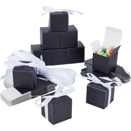 PH PandaHall 50 Pack Small Gift Box, 2x2x2 inch Black Kraft Paper Boxes Gift Packaging Box with Lid Gift Boxes Small Jewelry Candy Treat Boxes with Ribbon for Christmas Wedding Birthday Party Favor