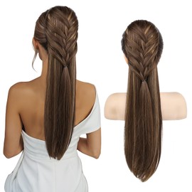 HOOJIH Ponytail Extension, 20 Inch Long Braid Drawstring Clip in on Ponytail Hair Extensions Synthetic Hairpiece for Women - Medium Golden Brown with Medium Natural Blonde
