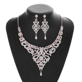 Hapibuy Crystal Rose Gold Wedding Jewelry Set Rhinestone Necklace and Earring Set For Women and Brides