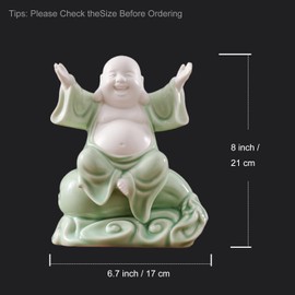 Houlu 8 Inch Green Laughing Buddha Statue for Good Luck, Ceramic Lucky Happy Buddha Statue Indoor for Home Decor