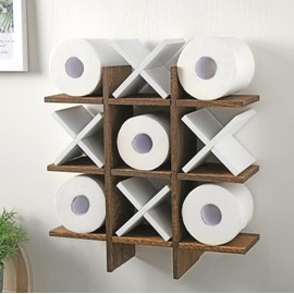 Weysat Tic Tac Toe Toilet Paper Holder Stand Toilet Paper Storage Bathroom Decor Rustic Wooden Hanging Storage Freestanding Wall Mounted Shelves Decor for Toilet Tissue Farmhouse(White, Dark Brown)