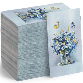 Tenceur 100 Pieces Blue Floral Guest Napkins Disposable Paper Hand Towels Butterfly Floral Dinner Decorative Cocktail Napkins for Bathroom Wedding Baby Shower Birthday Party Decoration(13 x 16 Inch)