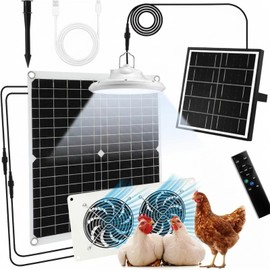 Grinsvalley 2 Set Solar Fan for Chicken Coop with Shed Light, 25W Panel Dual Exhaust Vent Kit, Waterproof 12V Solar Powered Ventilation System with Timer for Greenhouse, Pet House