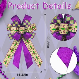 ALIBBON Large Mardi Gras Bows for Wreaths, Mardi Gras Wreath Bows, Flaxen Fleur de Lis Bows, Glitter Purple Bows for Front Door, Mardi Gras Decorations Bows for Mardi Gras Carnival Decor