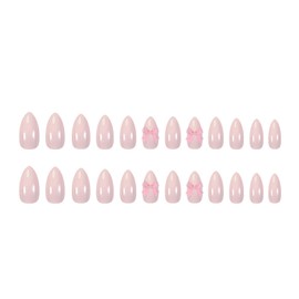 Pink Press on Nails Medium Almond,UCCASA with Bow Charm Designs Fake Nails Medium Almond Nails Press ons,Cute Pink Almond Shaped Acrylic Nails Glossy False Nails for Women Daily Wear in 24 PCS