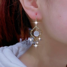 TseenYi Opal Dangle Earring Stud Crysta lRhinestone Tassel Hook Earrings Silver 925 Jewelry for Women and Girls Bride Wedding Valentine's Day(Gold)