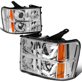 Auto Dynasty Dual L-Styling LED DRL Chrome Housing Amber Corner Projector Headlight Lamps Compatible with GMC Sierra GMT900 07-14