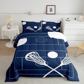 jejeloiu Boys Lacrosse Comforter Set Twin Size Ball Game Navy Blue Bedding Set for Kids Girls Sports Theme Duvet Quilt Room Decor