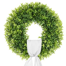 petalyn 20-22 Inch Artificial Boxwood Wreaths for Front Door, Spring Summer Door Wreath with Sash, Green Wreath Weatherproof for Wall Window Porch Farmhouse Wedding Decor All Year Round Indoor Outdoor