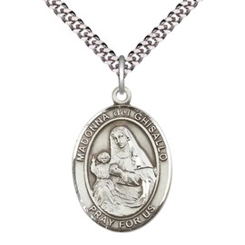 Saint Madonna Del Ghisallo Medal Necklace– Pewter Pendant on 24” Light Rhodium Plated plated Chain – Catholic Patron Saint of Cyclists – Velvet Gift Box Included