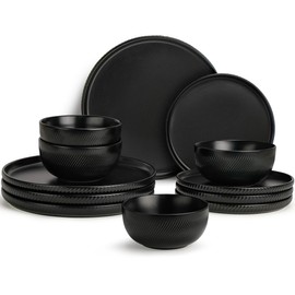 Metflavor Earthsong Dinnerware Sets for 4, 12-Piece Ceramic Plates and Bowls Set, Dishwasher and Microwave Safe Stoneware Dishes Set, Obsidian Night