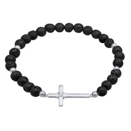 Kuzzoi Buddha 0210991923 Men's Bracelet Natural Stone Pearl Bracelet Lava 6 mm Cross 925 Sterling Silver Real Stone Bracelet for Men Length 19-21 cm, Sterling Silver Stone Nylon, Lava Rock