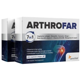 Osteoarthritis, Collagen, Vitamin C, Vitamin D3, Vitamin B6, Hyaluronic Acid, Ginger, Turmeric Capsules, Bones, Tendons, Muscles, 120 Capsules for 60 Days, Sensilab ArthroFar