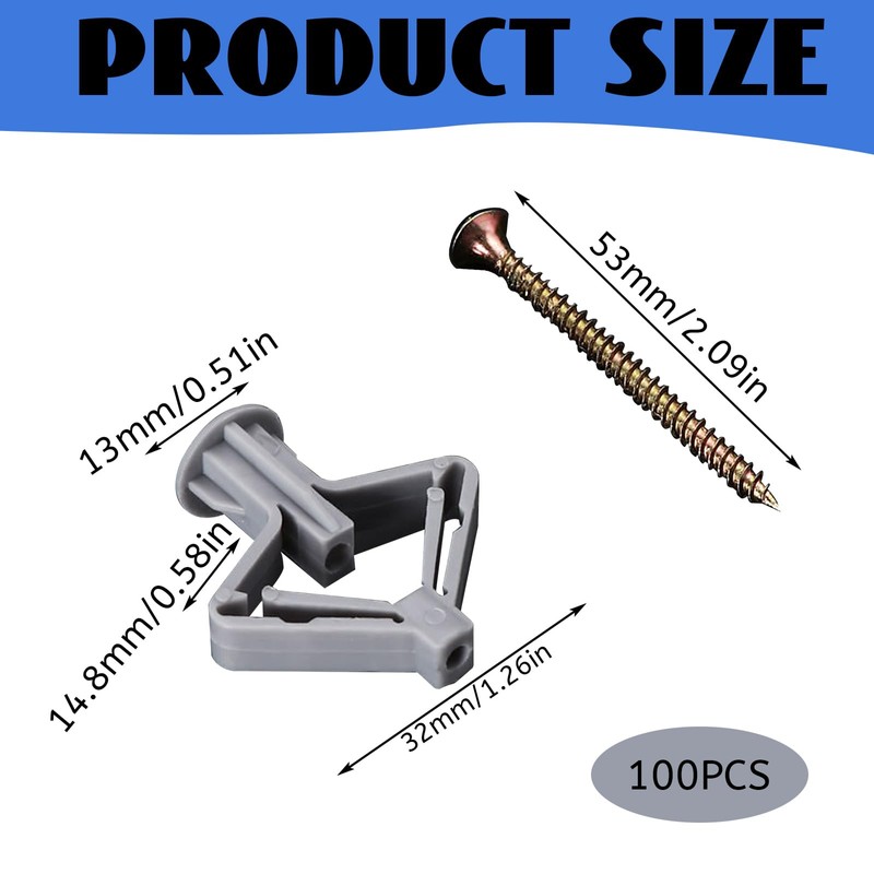 Vordpe 100 Plasterboard Dowels and Screws Set, Drywall Dowels, Cavity