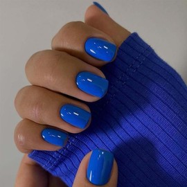 Blue Press On Nails Short Square Fake Nails Solid Color Full Cover False Nails With Designs Summer Acrylic Nails Artificial Nails Glossy Glue On Nails Reusable Stick On Nails For Women Manicure 24pcs
