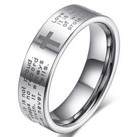 Fashion Month Men Women 6mm Tungsten Carbide White Ring Engraved English Bible Verses About Love Cross Band for Her Him, Tungsten, tungsten