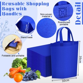 Windyun Reusable Grocery Bags Large Non Woven Shopping Bags with Handle Foldable Portable Tote Carryall Bulk 11.8x6x13.8 Inch(200 Pcs,Royal Blue)