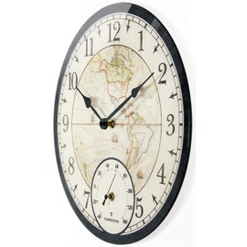 Infinity Instruments Orbis Indoor Outdoor Wall Clock and Thermometer, Traditional World Map Face with Modern Tempered Glass Design, 14 inch, Black