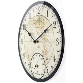 Infinity Instruments Orbis Indoor Outdoor Wall Clock and Thermometer, Traditional World Map Face with Modern Tempered Glass Design, 14 inch, Black