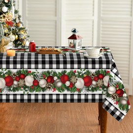 Horaldaily Christmas Tablecloth 60×120 Inch Rectangular, Christmas Ball Ornaments Black Bufalo Plaid Washable Table Cover for Party Picnic Dinner Decor