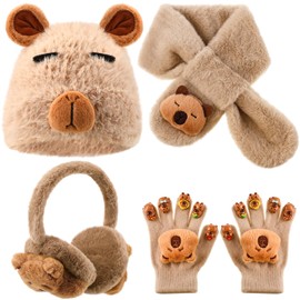 ShinyMatch 4 Pcs Kids Winter Capybara Hat Earmuffs Scarf and Kids Gloves Set Plush Capybara Winter Warm Set for Age 7-12