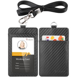 Teskyer Badge Holder with Lanyard, Leather ID Name Badge Card Holder with Lanyard for ID Badges, Vertical, Carbon Fiber Black