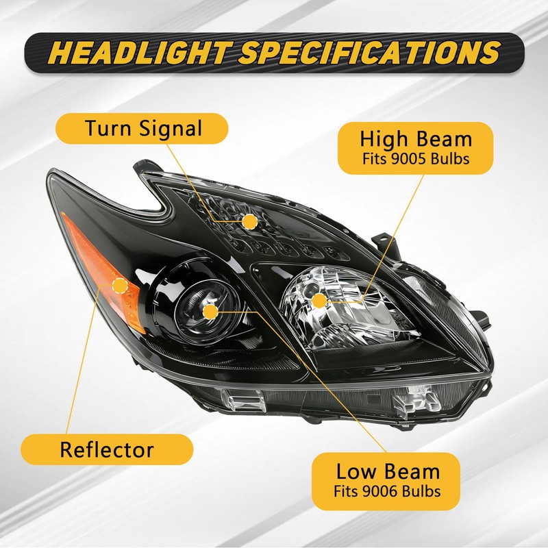 Headlight Assembly Fit for 2010-2011 Toyota Prius Black Housing Clear