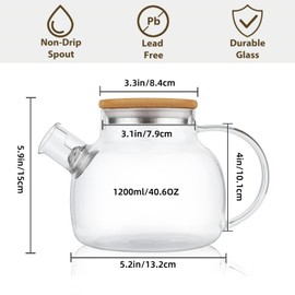 CnGlass Glass Teapot Stovetop Safe,40.6oz Clear Tea pot with Removable Filter Spout,Loose Leaf and Blooming Tea Maker