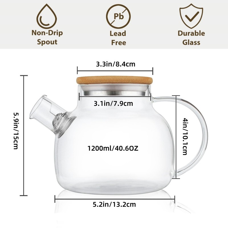 CnGlass Glass Teapot Stovetop Safe,40.6oz Clear Tea pot with Removable