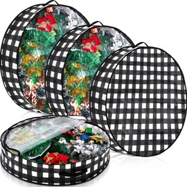 Aliceset 4 Pack Wreath Storage Containers, Storage Bags with Window and Handles, Durable Decoration Box Holder for Holiday(36 x 36 x 7.8 Inch,Black White Plaid)