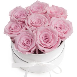 Rose Box Pink Round Infinity Roses - Flower Box 8 Real Roses Durable 3 Years Diameter 15 cm - Gift for Women (White/Pink)
