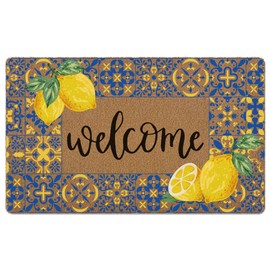 Qskjre Lemon Welcome Door Mat, Italian Mediterranean Lemon Artificial Coir Front Door Mat Indoor Outdoor Entrance, Summer Amalfi Coast Farmhouse Doormat Rug for Porch Entryway Patio Decor,17X30 Inch