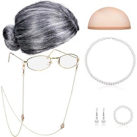 PLULON 7Pcs Grandma Wig Old Lady Costume Set, Gray Funny Wig with Cap Granny Accessories for 100 Days of School Costume Halloween Fun Cosplay Party Supplies