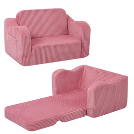 MeMoreCool Toddler Chair Comfy for 1-3 Years Old, Corduroy Kids Couch Bed Fold Out, 2-in-1 Foldable Baby Lounge Chair, Pull Out Children Sofa Bed, Pink