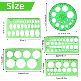 5PCS Circle Template Measuring Geometry Ruler Geometric Drawings Stencils Rulers, Plastic Circle and Oval Measuring Templates(Green)