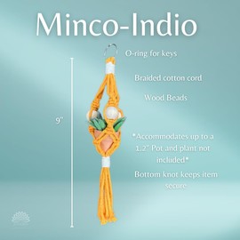 JODORA Minco Indio Micro Plant Hanger 100% Cotton Macrame Mini Boho Plant Holder, Handmade Bohemian Home Décor, Car Succulent Hanger, Key Chain (Gold)