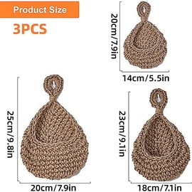AIMALL 3pcs Boho Wall Hanging Baskets Set – Handwoven Jute Storage Pouches for Fruit, Onion, Garlic, Toys – Rustic Kitchen Organiser Décor in Small, Medium, Large Sizes