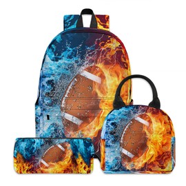 3PCS Football Backpack with Lunch Box Pencil Case for Boys， Back to School Boys Backpack Set for Elementary Middle School, Lightweight 17 inch Cool Sports Bookbag for Kids Age 8-14, Grades 3-8
