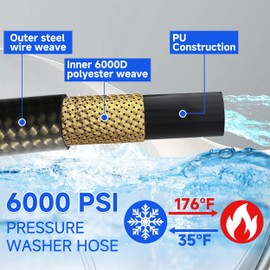 RIDGE WASHER Pressure Washer Hose 50 Feet X 3/8 Inch for Hot and Cold Water, 2-Wire Steel Braid Hose (R2), 3/8 Inch Quick Connect, 6000 PSI