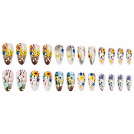 Foccna French Tip Press on Nails Almond Fake Nails False with Flower Designs Acrylic Artificial Nails Full Cover Nails Stick on Nails for Women Girls