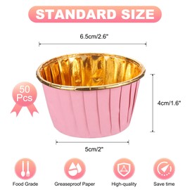 sourcing map Mini Metallic Foil Cupcake Liners for Baking Cupcake, 50Pcs Cupcake Muffins Liners Cupcake Holders Paper Greaseproof Wrappers for Wedding, Showers, Gift, Pink/Gold
