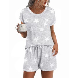 Ekouaer Womens Pajama Sets 2 Piece Soft Short Sleeve Top and Shorts Sleepwear Round Neck Pjs Lounge Set with Pockets Light Gary Stars Medium