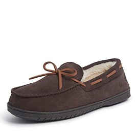Dearfoams Mens Hudson Genuine Suede Memory Foam Moccasin With Tie Slipper, Coffee, 11 US