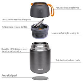 Insulated Thermo Food Jar for Hot & Cold Food for Kids Adult, 17 oz Soup Thermal Hot Food Containers for Lunch, Triple Layer Insulation Stainless Steel Food Jar with Spoon (Grey)