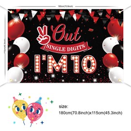 JOYKY Out Single Digits I’m 10 Banner, Red Black Happy 10th Birthday Party Decorations for Boys Girls, Double Digits 10 Year Old Birthday Supplies Backdrop Décor, 5.9 X 3.8 Fts