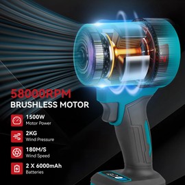 Leaf Blower Cordless, 58000RPM Brushless Electric Leaf Blower with 2 X 21V 6.0Ah Batteries and Charger, Instantaneous Thrust 2KG/S, 3 Speed Mode, Blowers for Lawn Care, Patio Cleaning