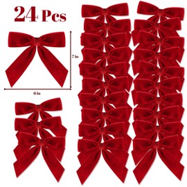 Christmas Decorations - Christmas Bows - 24 Pcs Medium Red Velvet Bows for Christmas Tree - Burgundy Xmas Ribbon Ornaments - Home Decor for Wreaths Garland Gift Wrapping Cabinet Crafts Wedding Party