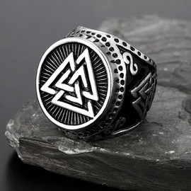 MayiaHey Valknut Ring, Odin Valknut Ring for Men, Norse Viking Odin Symbol Ring Odin Jewelry, Vintage Celtic Knot Ring Nordic Valknut Rune Ring Punk Ancient Warrior Talisman Ring for Boys (V1/2)